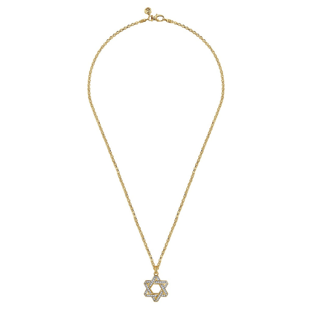 22 Inch 14K Yellow Gold Diamond Star of David Pendant Necklace
