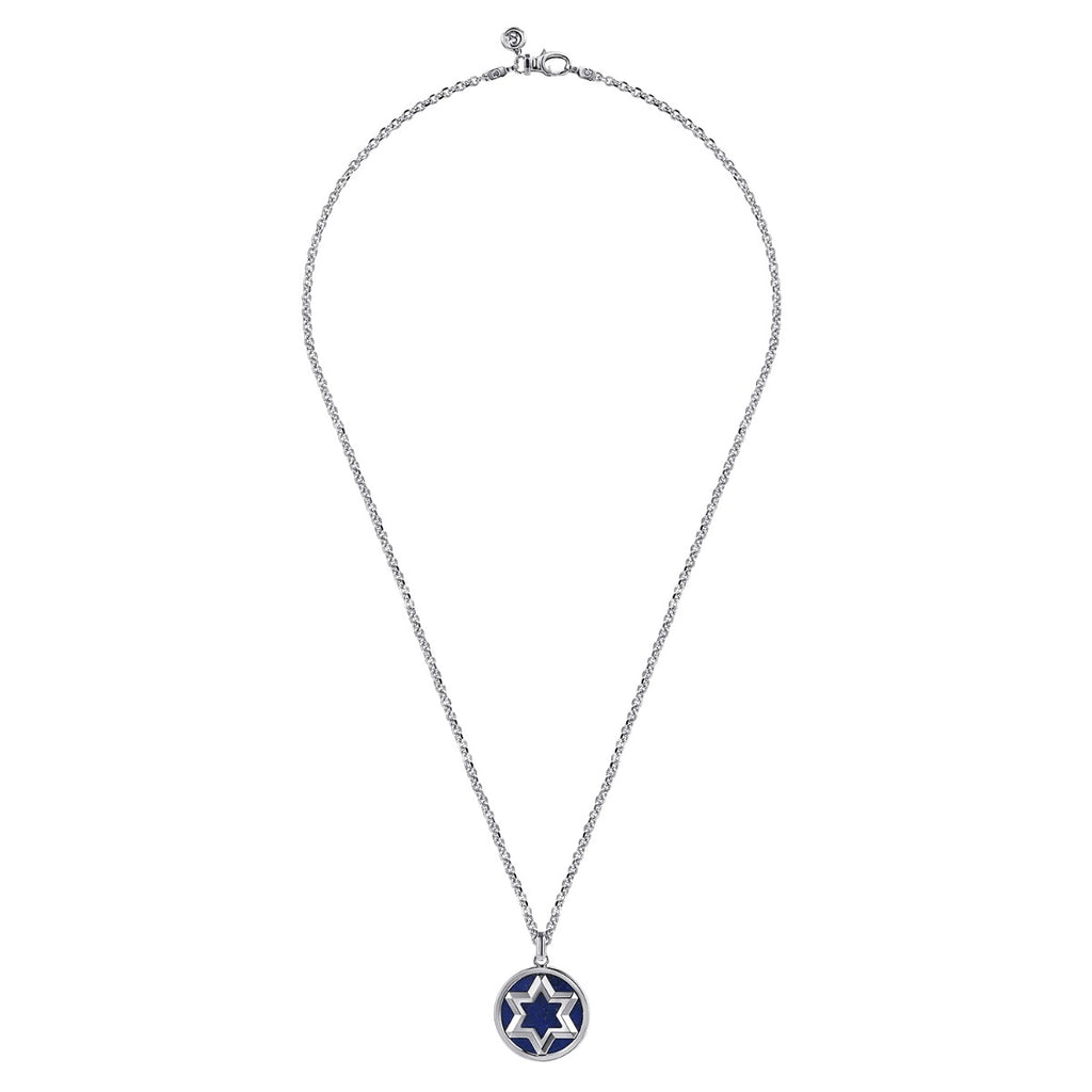 22 Inch 925 Sterling Silver Star of David Lapis Pendant Necklace