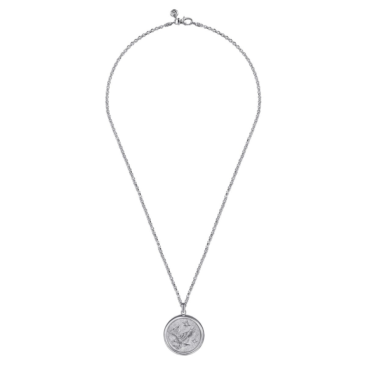 22 Inch 925 Sterling Silver Diamond Eagle Medallion Pendant Necklace