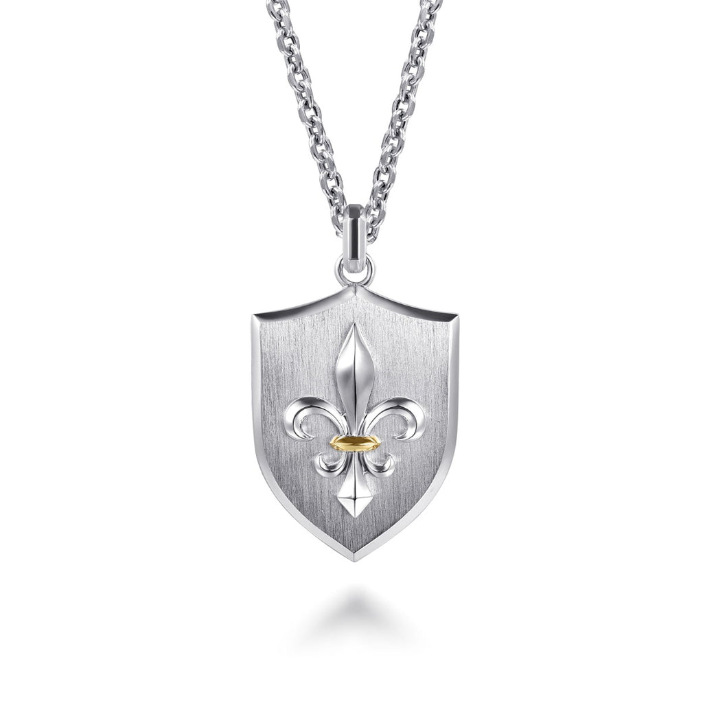 22 Inch 925 Sterling Silver Gold Fleur De Lis Dog Tag Pendant Necklace