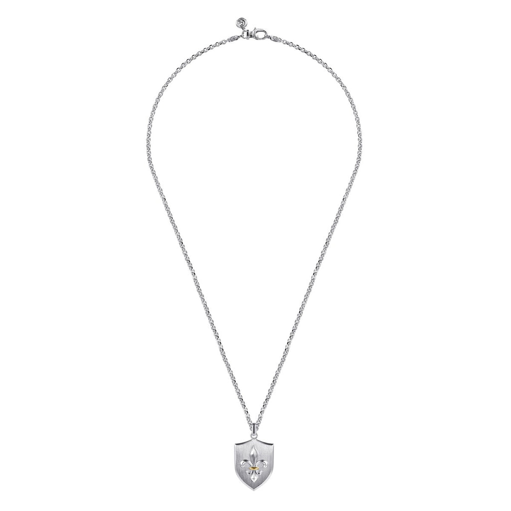 22 Inch 925 Sterling Silver Gold Fleur De Lis Dog Tag Pendant Necklace