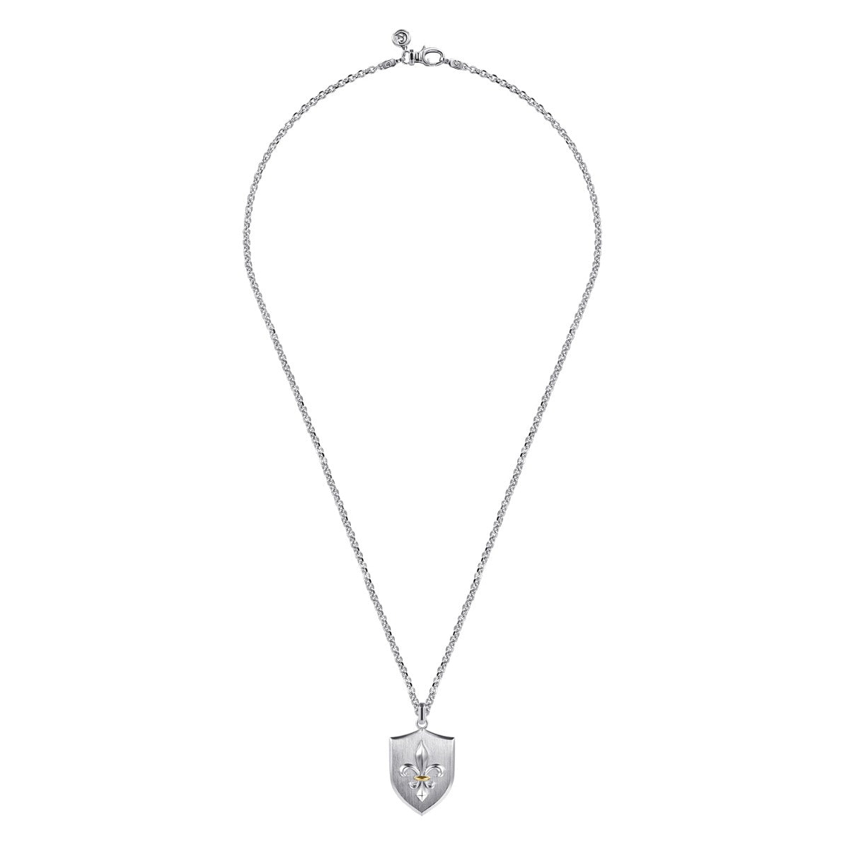 22 Inch 925 Sterling Silver Gold Fleur De Lis Dog Tag Pendant Necklace