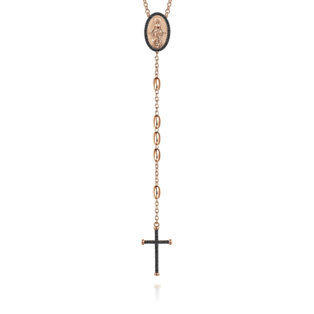 27 Inch 14K Rose Gold Black Diamond Cross Rosary Solid Men's Link Chain Necklace