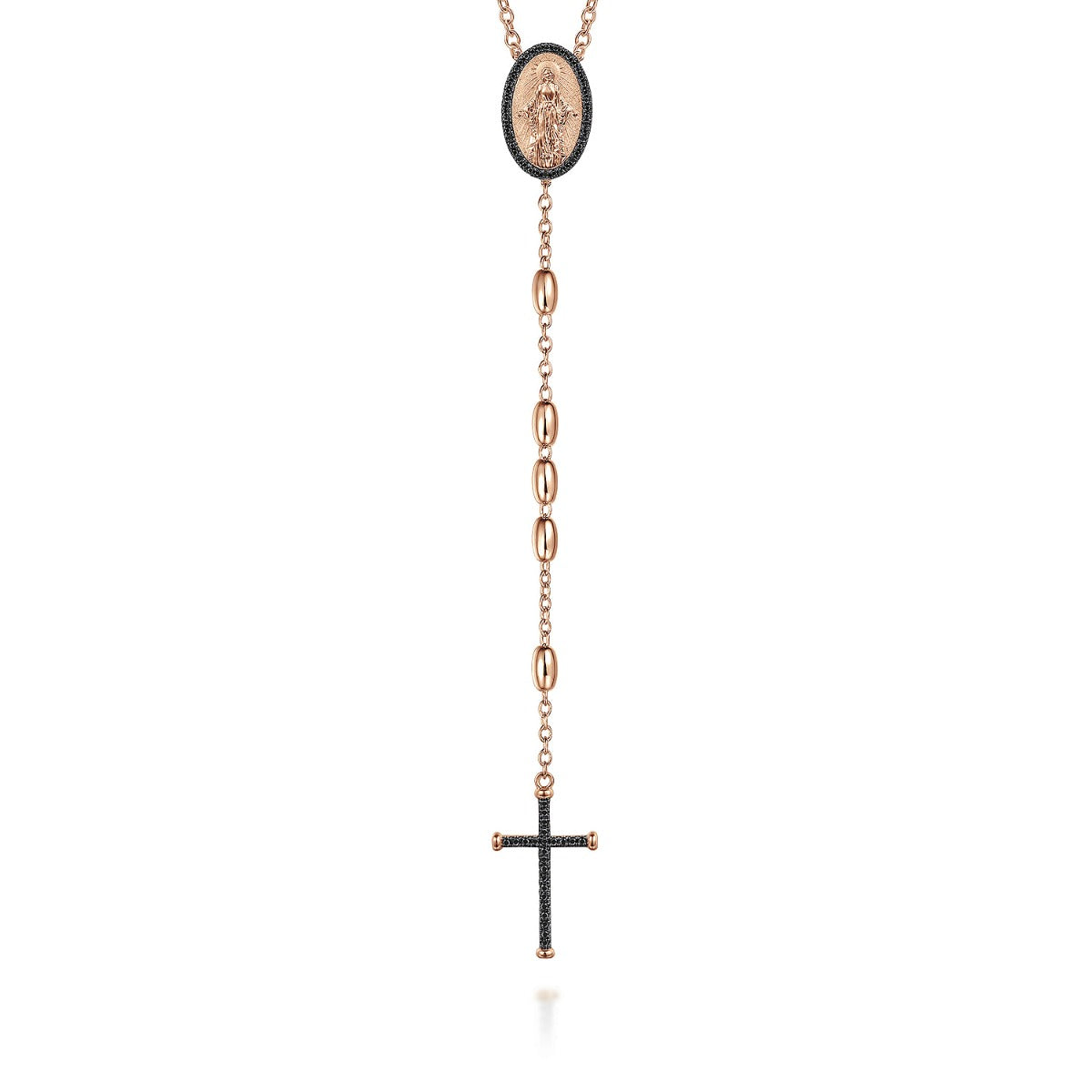 27 Inch 14K Rose Gold Black Diamond Cross Rosary Solid Men's Link Chain Necklace