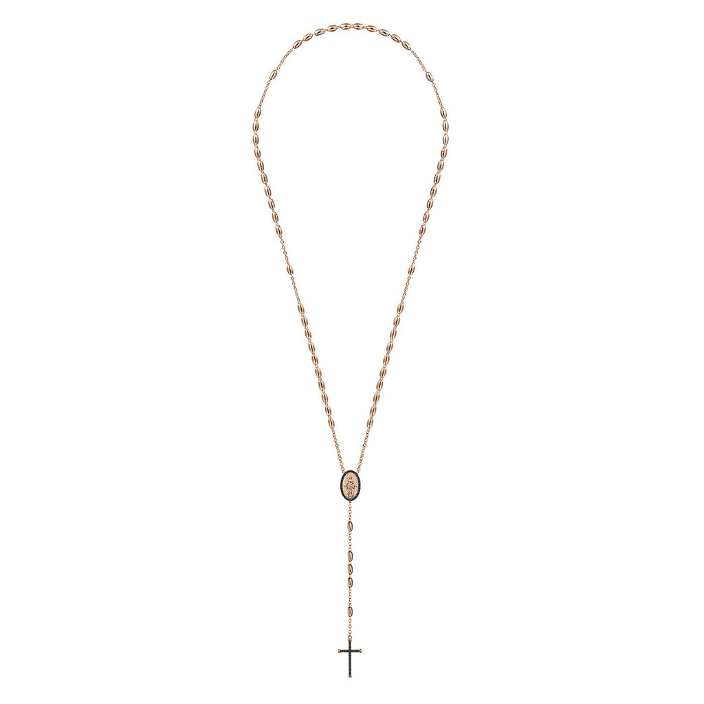 27 Inch 14K Rose Gold Black Diamond Cross Rosary Solid Men's Link Chain Necklace