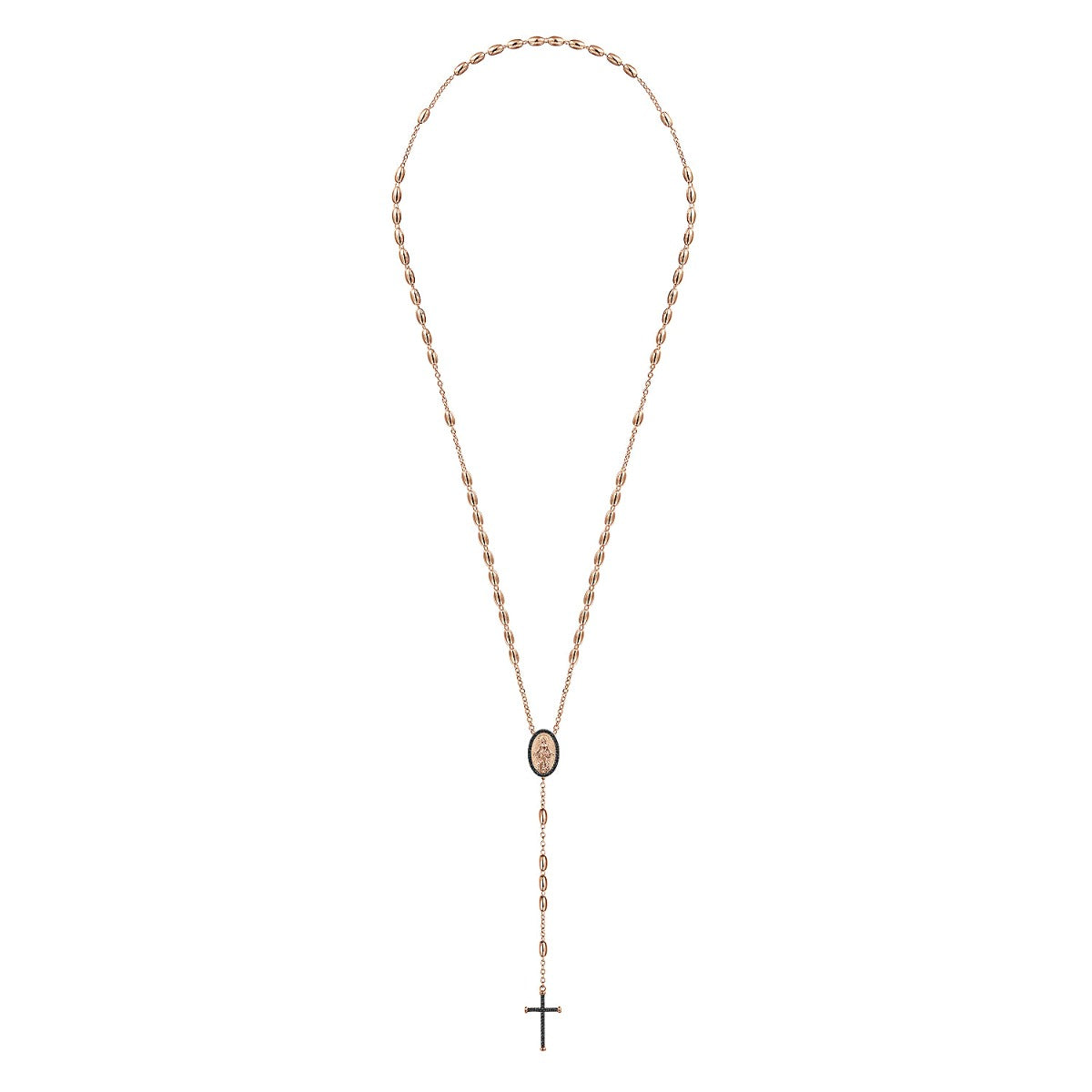 27 Inch 14K Rose Gold Black Diamond Cross Rosary Solid Men's Link Chain Necklace