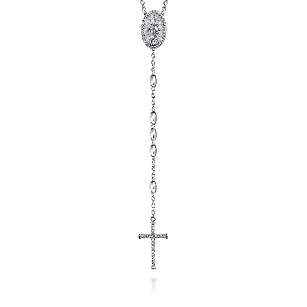 27 Inch 925 Sterling Silver Diamond Cross Rosary Solid Men's Link Chain Necklace