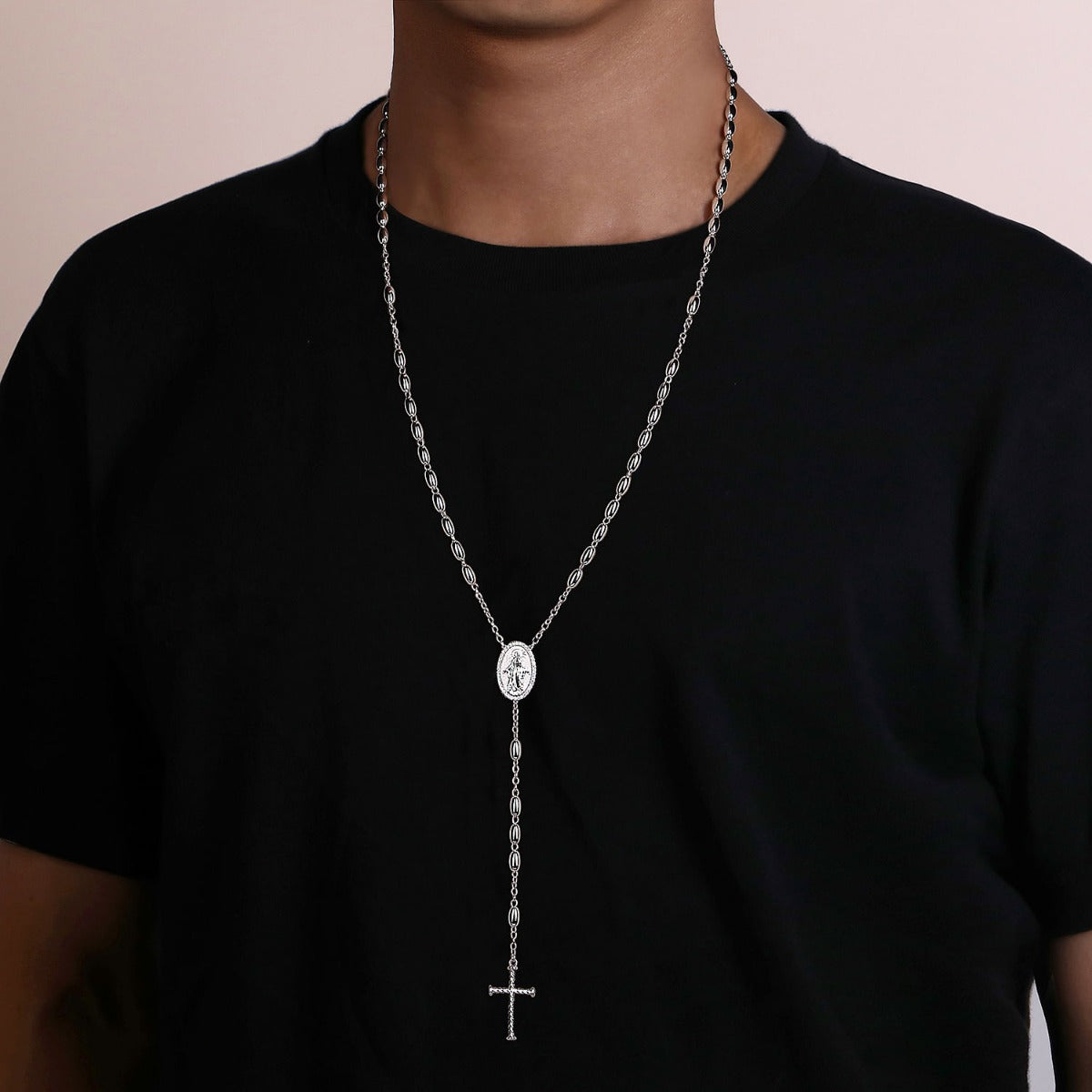 27 Inch 925 Sterling Silver Diamond Cross Rosary Solid Men's Link Chain Necklace