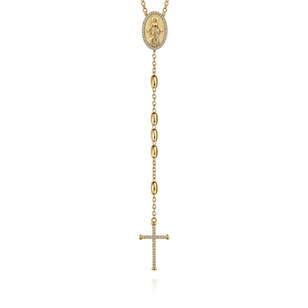 27 Inch 14K Yellow Gold Diamond Cross Rosary Solid Men's Link Chain Necklace