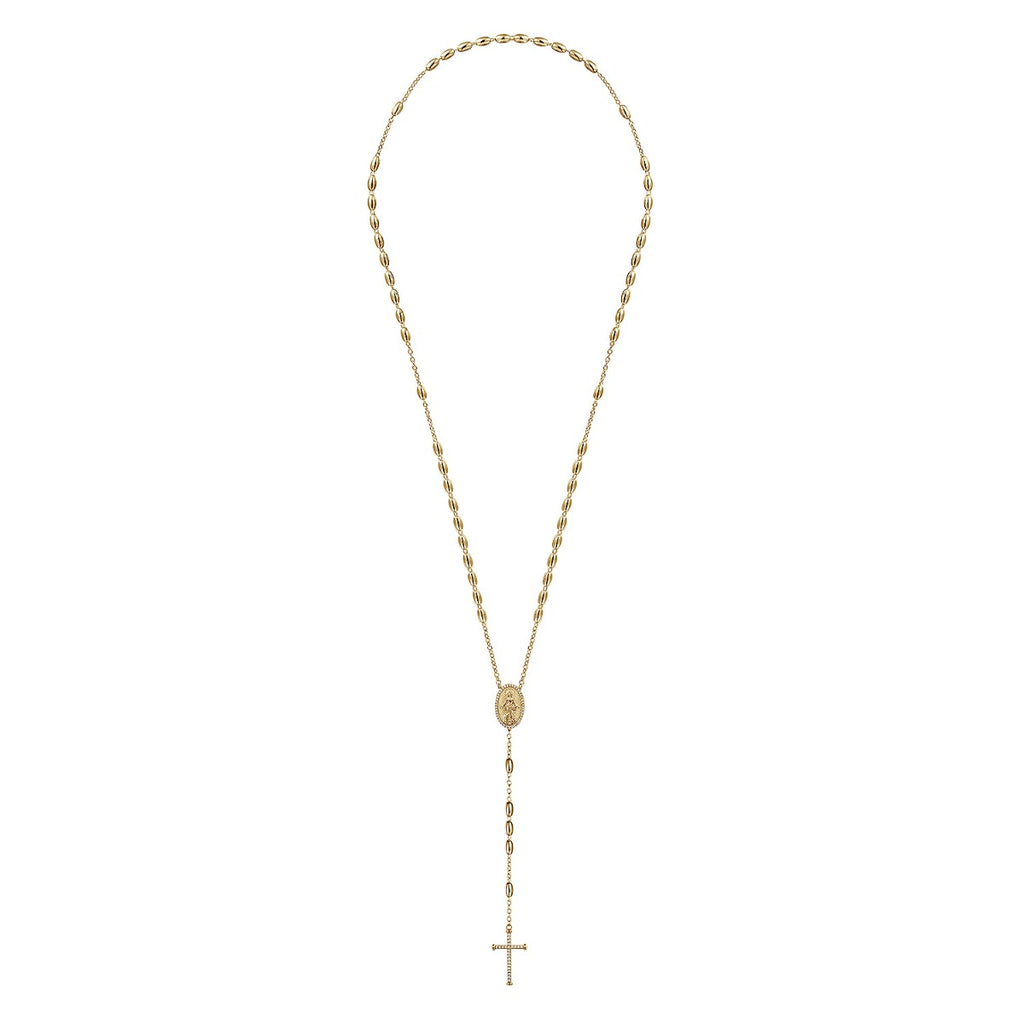 27 Inch 14K Yellow Gold Diamond Cross Rosary Solid Men's Link Chain Necklace