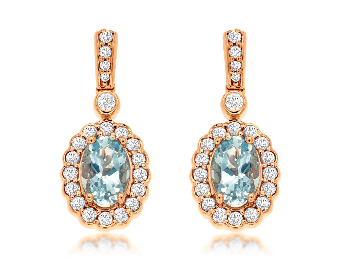 14k Rose Gold .82tgw Aqua and .33tdw Diamond Drop Earrings