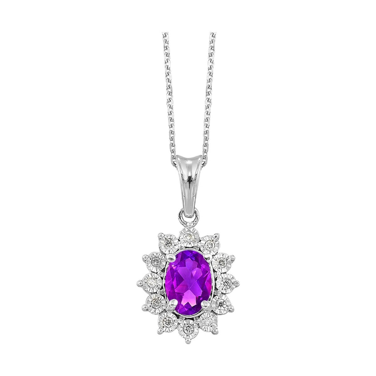 Silver Amethyst and Diamond Halo Pendant Necklace