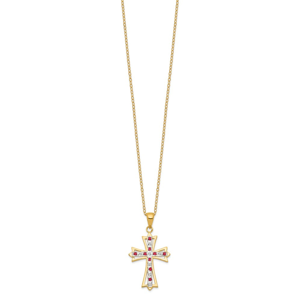 Bright Cascade Ruby Rose Diamond Fascination Diamond Mystique Sterling Silver 18K Gold-plated Diamond and Ruby Cross 18 Inch Necklace
