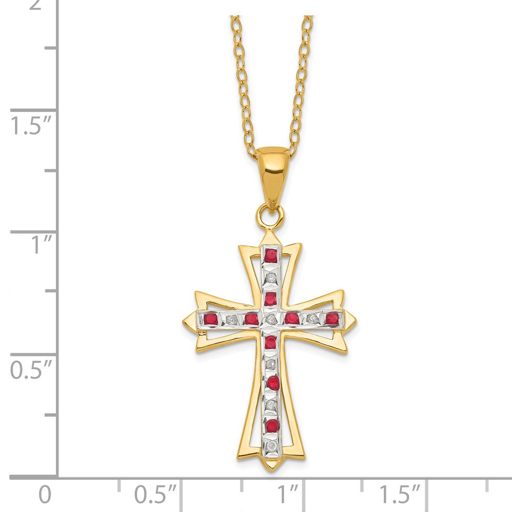 Bright Cascade Ruby Rose Diamond Fascination Diamond Mystique Sterling Silver 18K Gold-plated Diamond and Ruby Cross 18 Inch Necklace