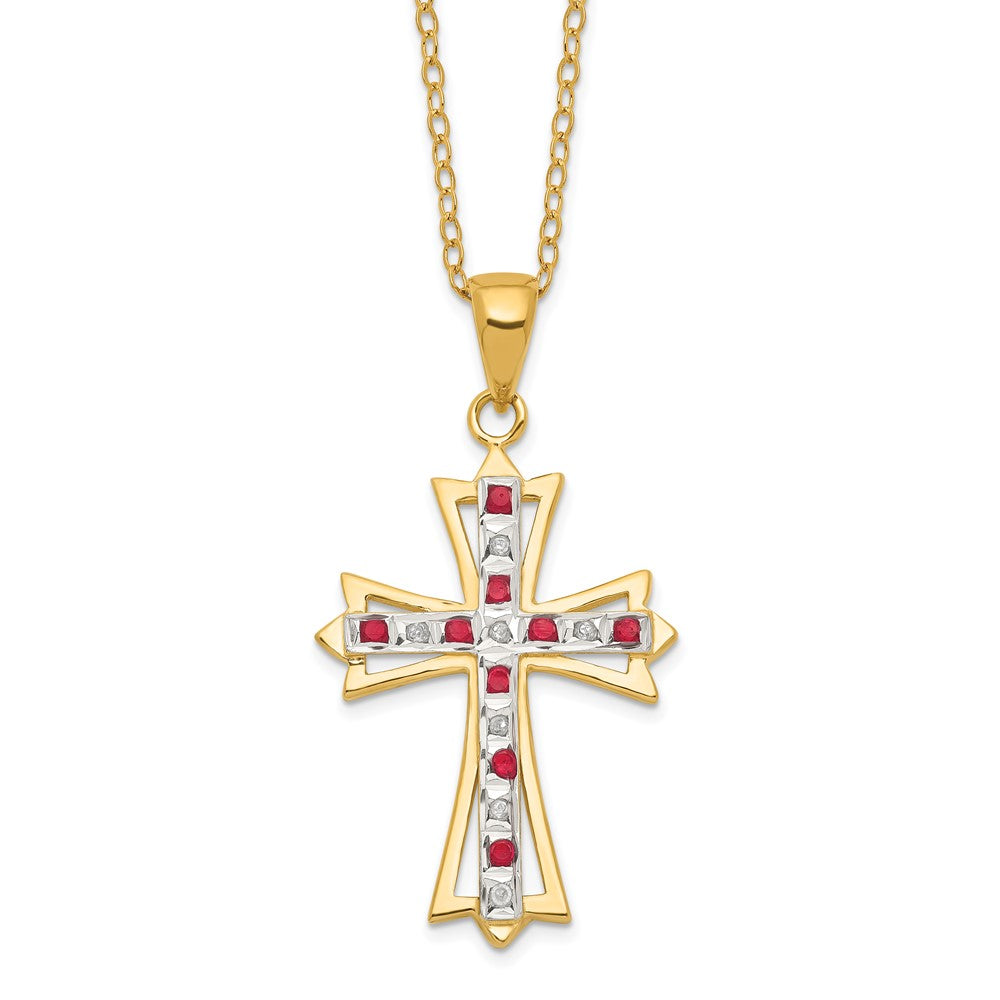 Bright Cascade Ruby Rose Diamond Fascination Diamond Mystique Sterling Silver 18K Gold-plated Diamond and Ruby Cross 18 Inch Necklace