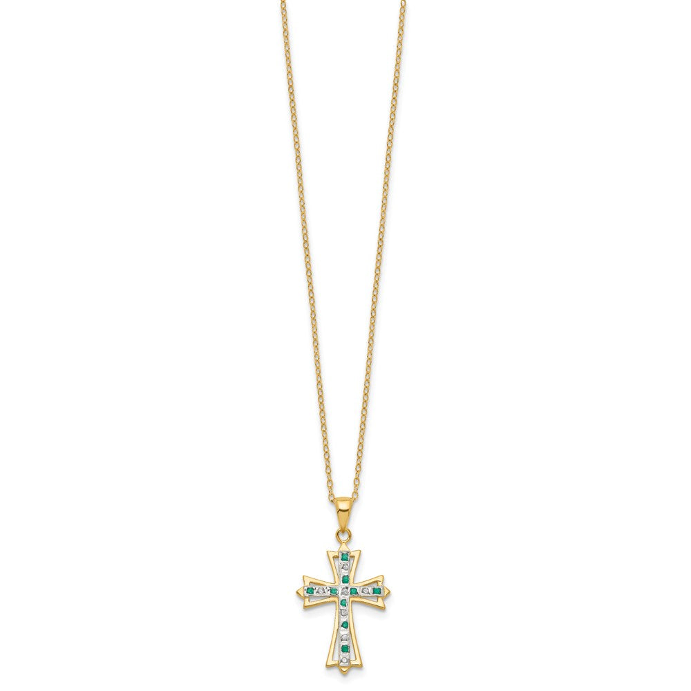 Sculpted Halo Diamond Fascination Diamond Mystique Sterling Silver 18K Gold-plated Diamond and Emerald Cross 18 Inch Necklace