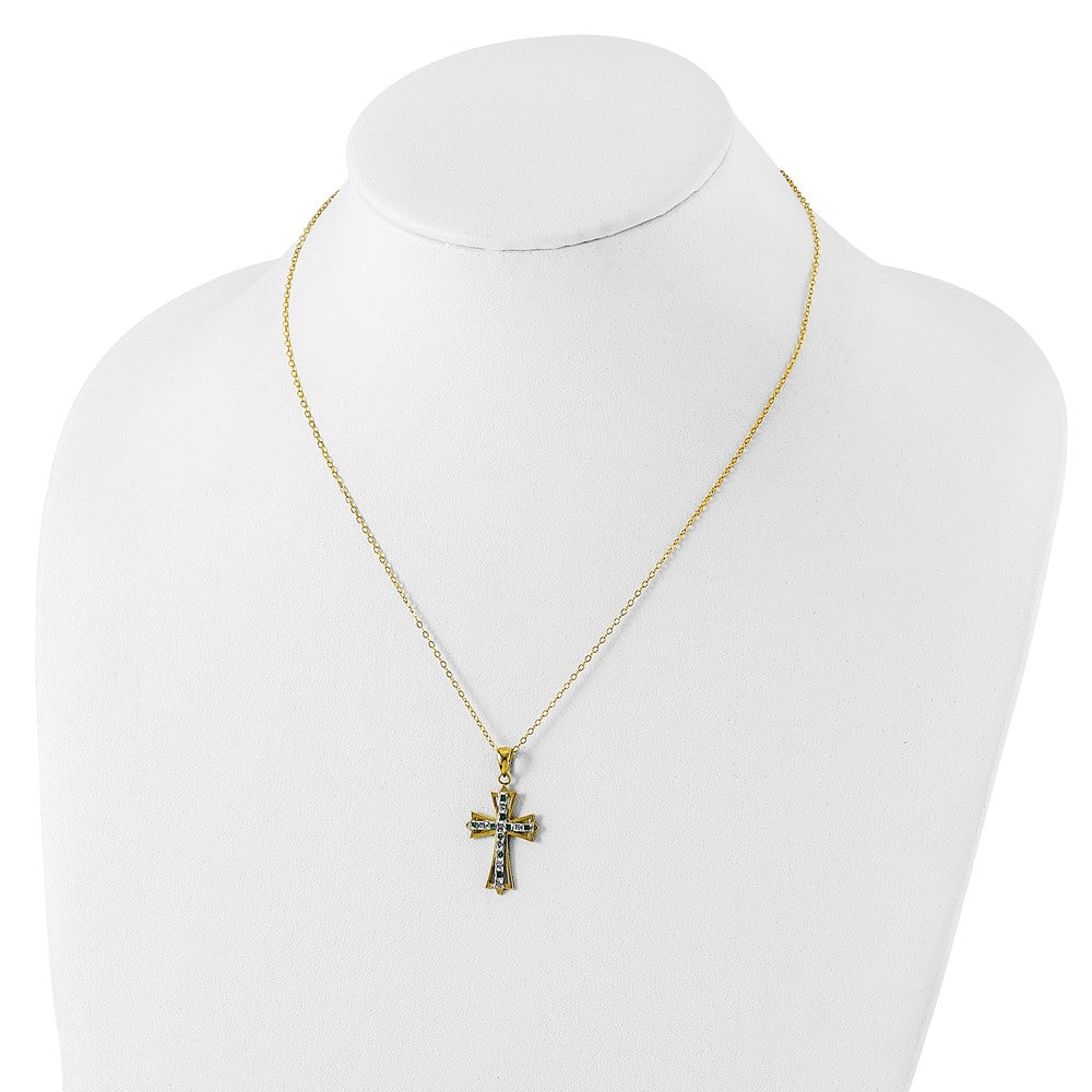 Sculpted Halo Diamond Fascination Diamond Mystique Sterling Silver 18K Gold-plated Diamond and Emerald Cross 18 Inch Necklace
