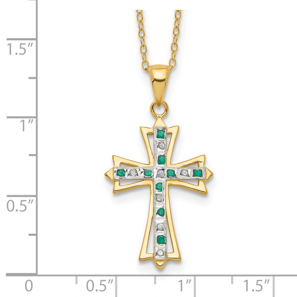 Sculpted Halo Diamond Fascination Diamond Mystique Sterling Silver 18K Gold-plated Diamond and Emerald Cross 18 Inch Necklace