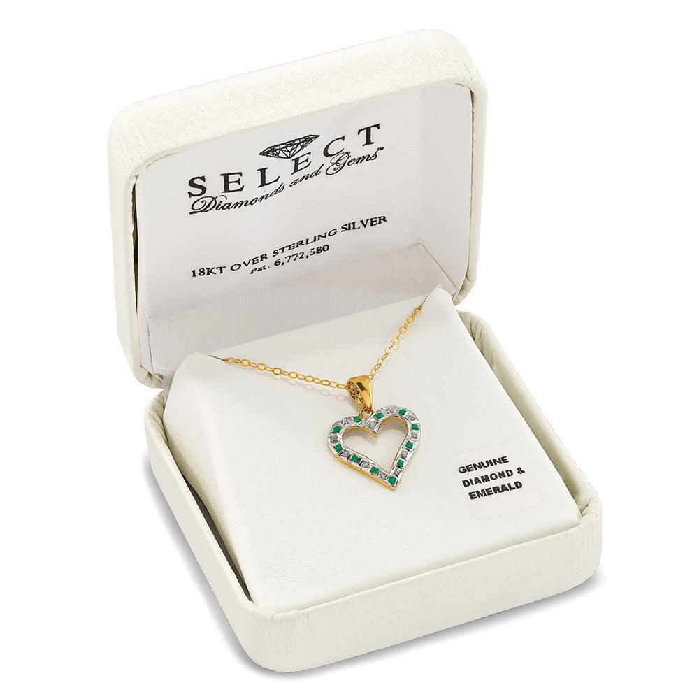 Sleek Mesa Pure Zephyr Diamond Fascination Diamond Mystique Sterling Silver 18K Gold-plated Diamond and Emerald Heart 18 Inch Necklace