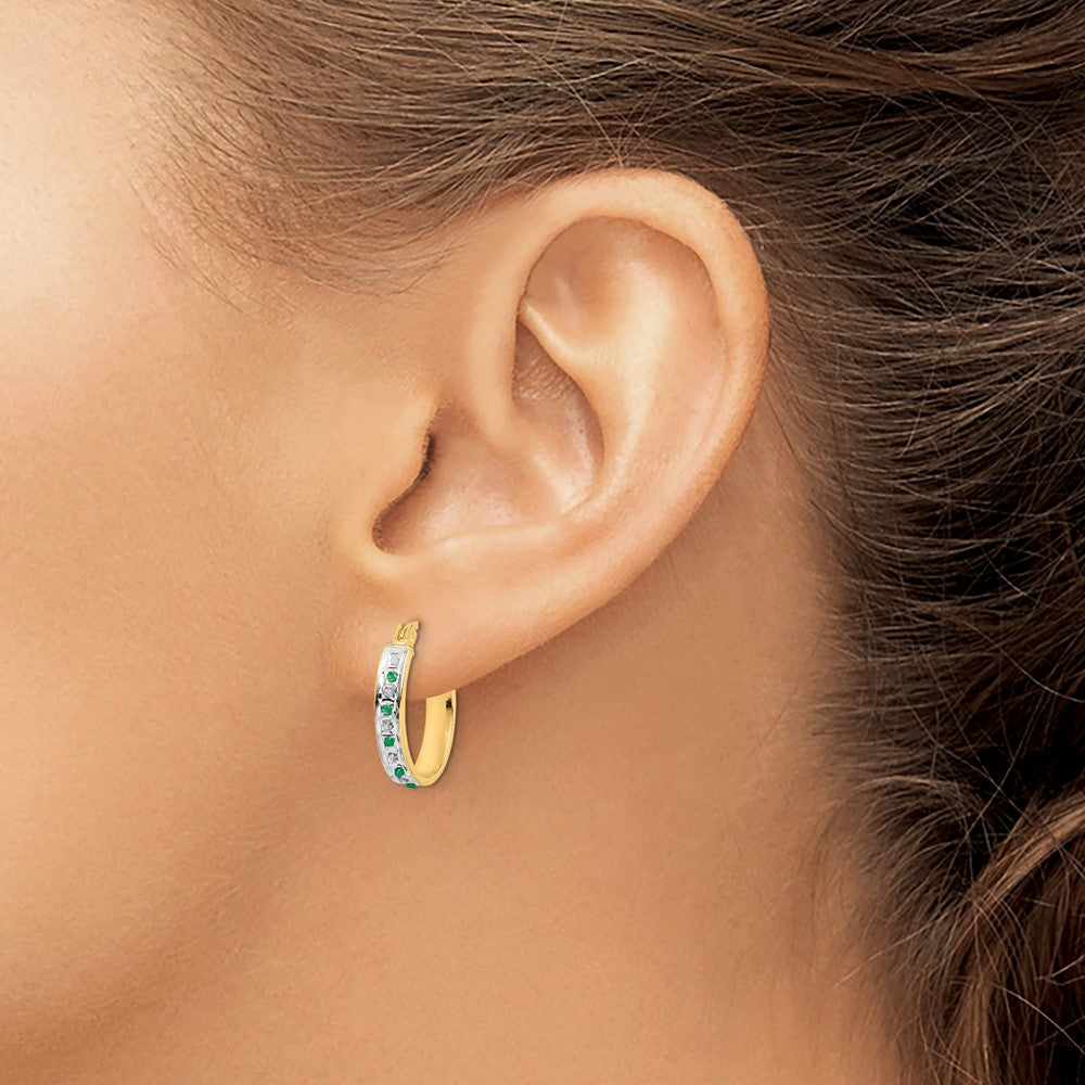 Celestine Diamond Fascination Diamond Mystique Sterling Silver 18K Gold-plated Diamond and Emerald Oval Hoop Earrings
