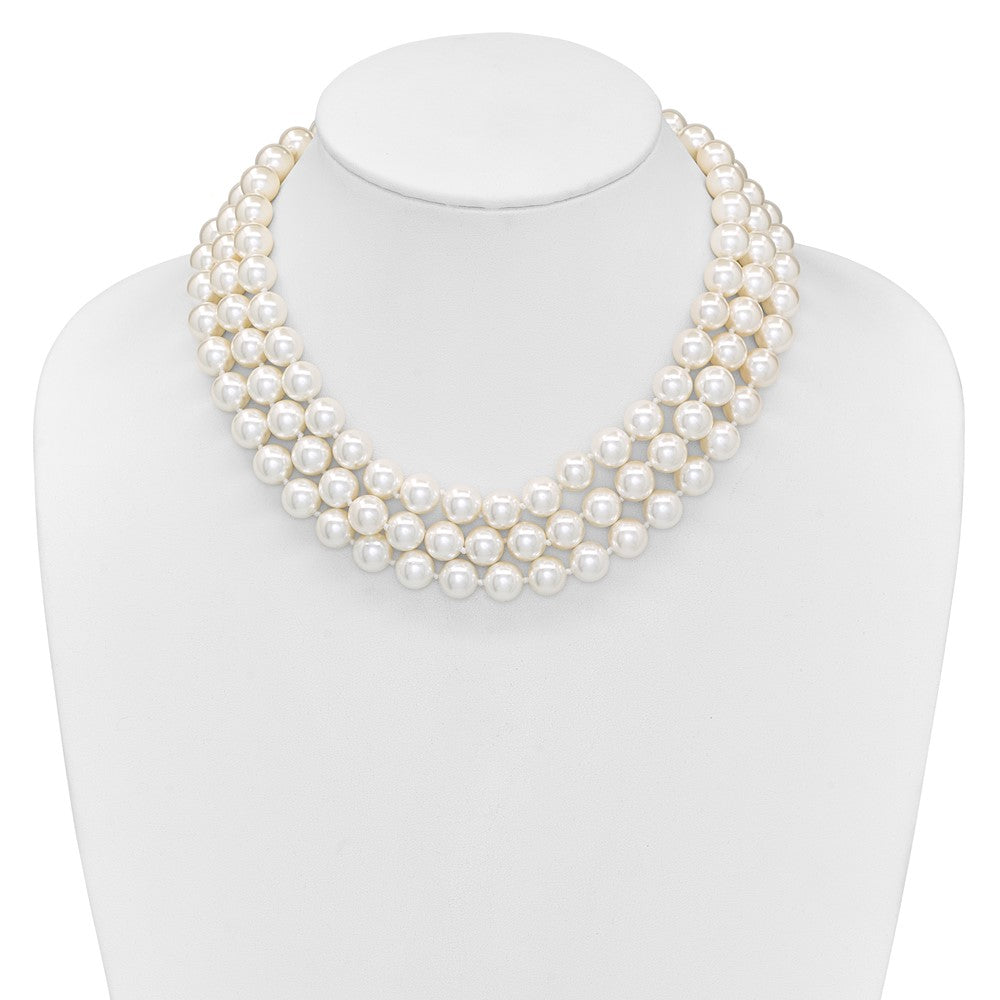 Azura Sculpted Rose Majestik Sterling Silver Rhodium-plated 3 Row 10-11mm White Imitation Shell Pearl Hand-knotted Necklace