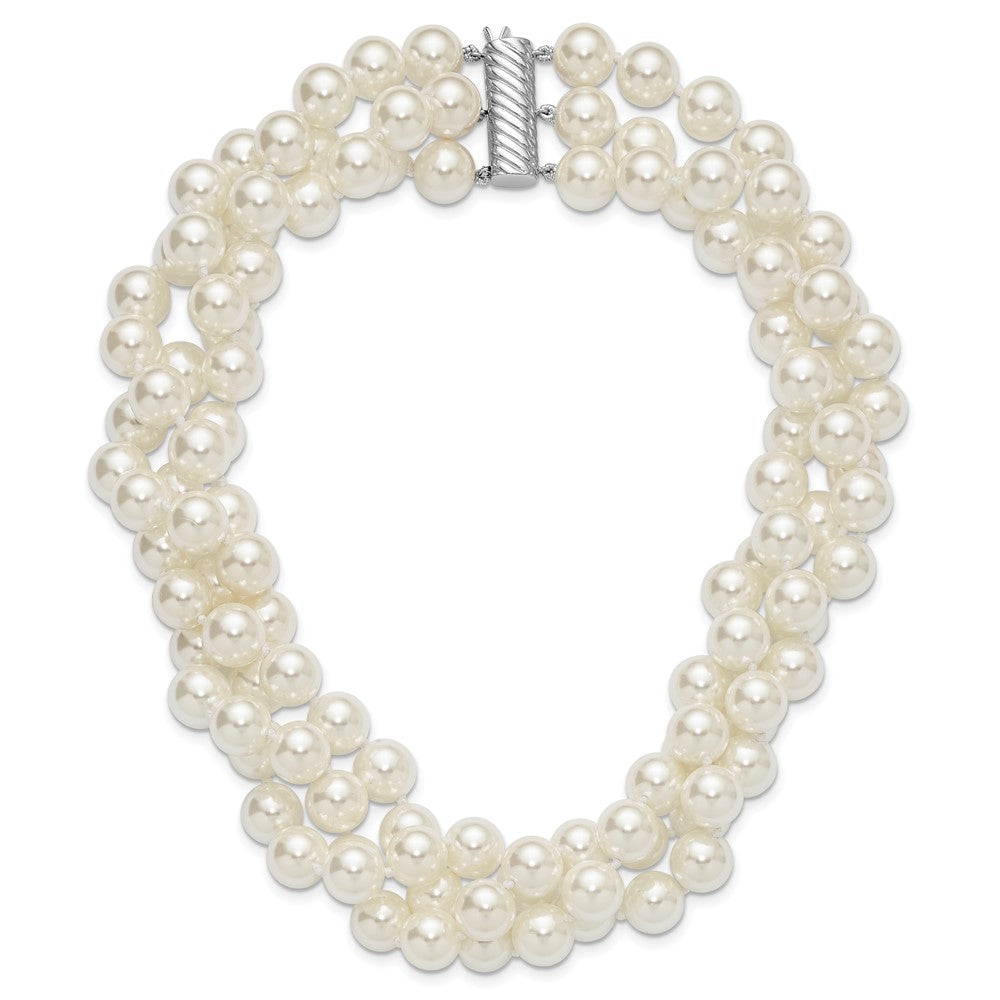 Azura Sculpted Rose Majestik Sterling Silver Rhodium-plated 3 Row 10-11mm White Imitation Shell Pearl Hand-knotted Necklace