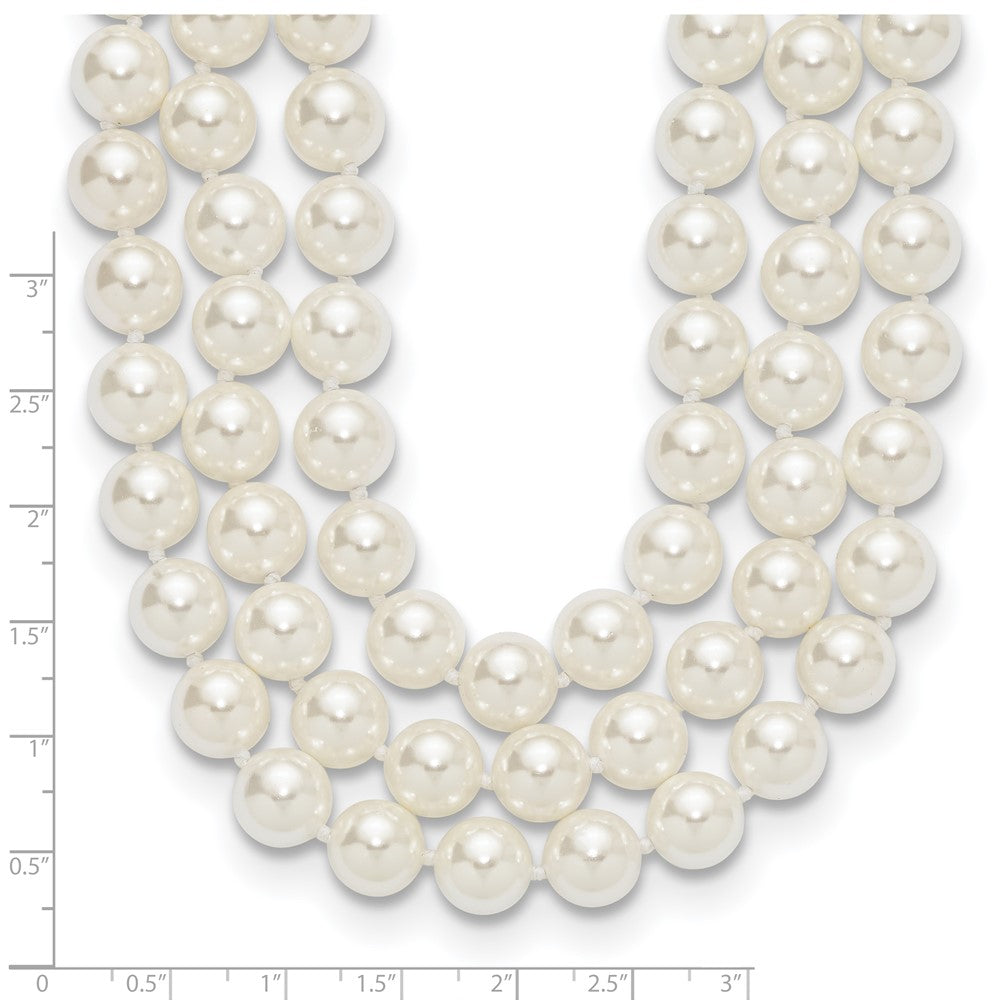 Azura Sculpted Rose Majestik Sterling Silver Rhodium-plated 3 Row 10-11mm White Imitation Shell Pearl Hand-knotted Necklace