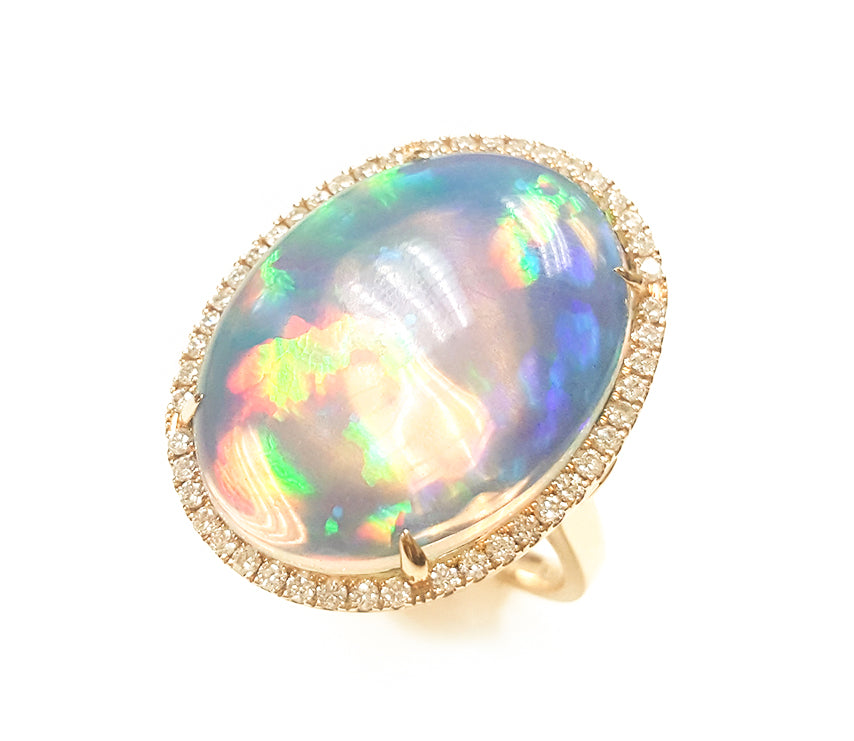 14k Yellow Gold Opal and Diamond Ring