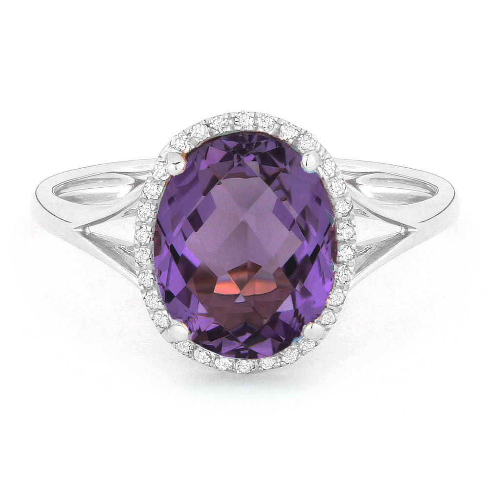 Front view diamond and amethyst fashion ring white gold