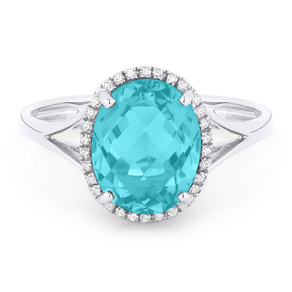 Front view diamond and created paraiba tourmaline fashion ring white gold