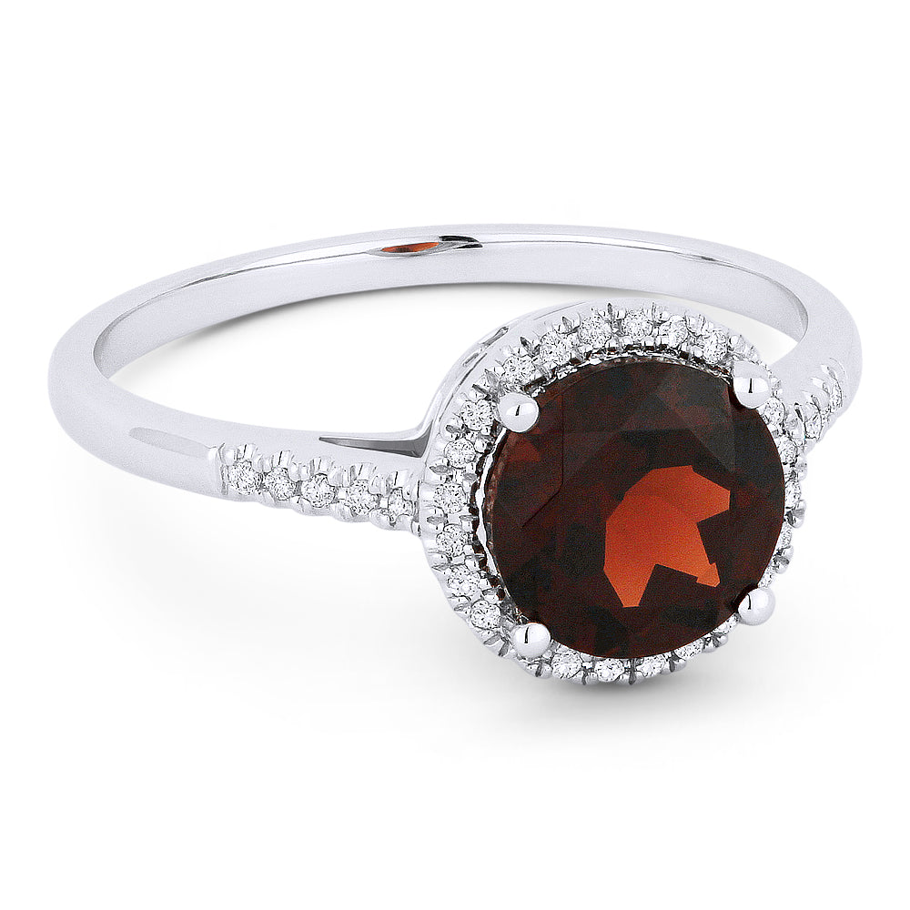 Front view diamond and garnet fashion ring white gold