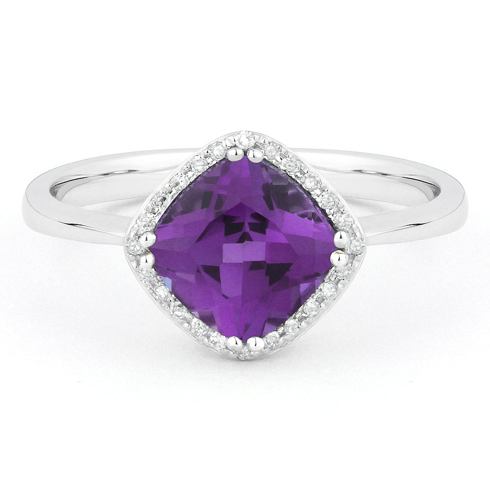 Front view diamond and amethyst fashion ring white gold