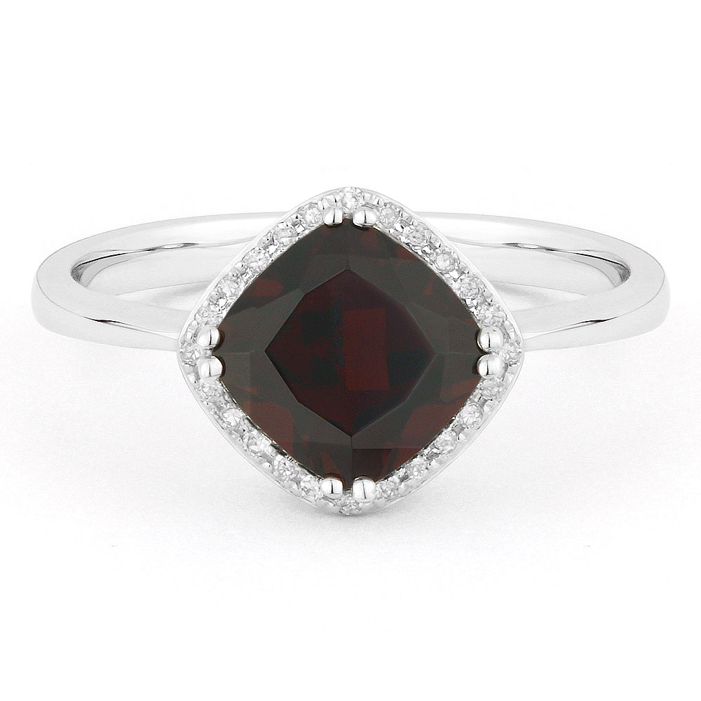 Front view diamond and garnet fashion ring white gold
