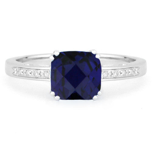 Front view diamond and created blue sapphire fashion ring white gold
