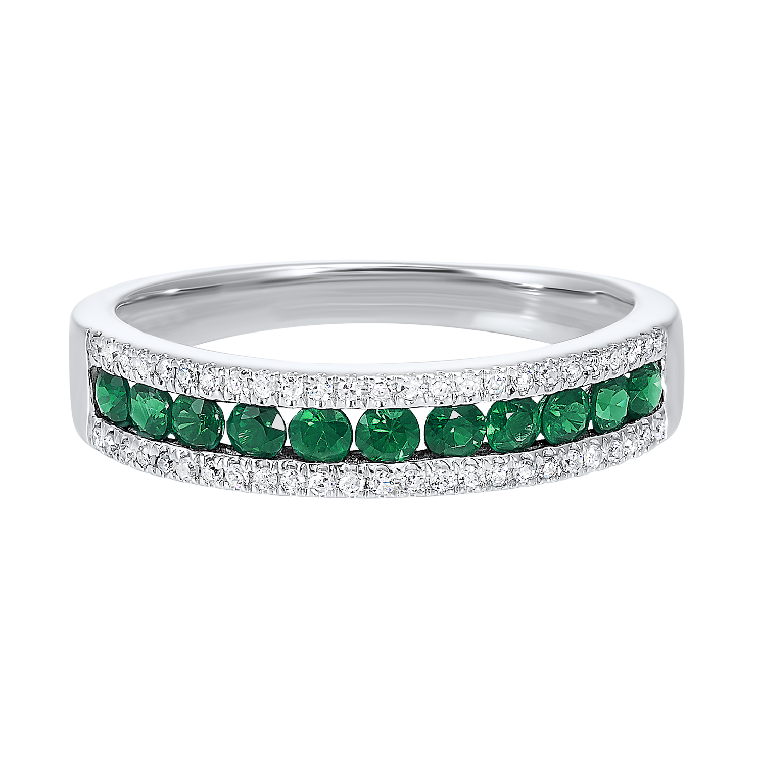 Front View 14K White Gold 3 Row Multi-Channel Diamond & Emerald Band