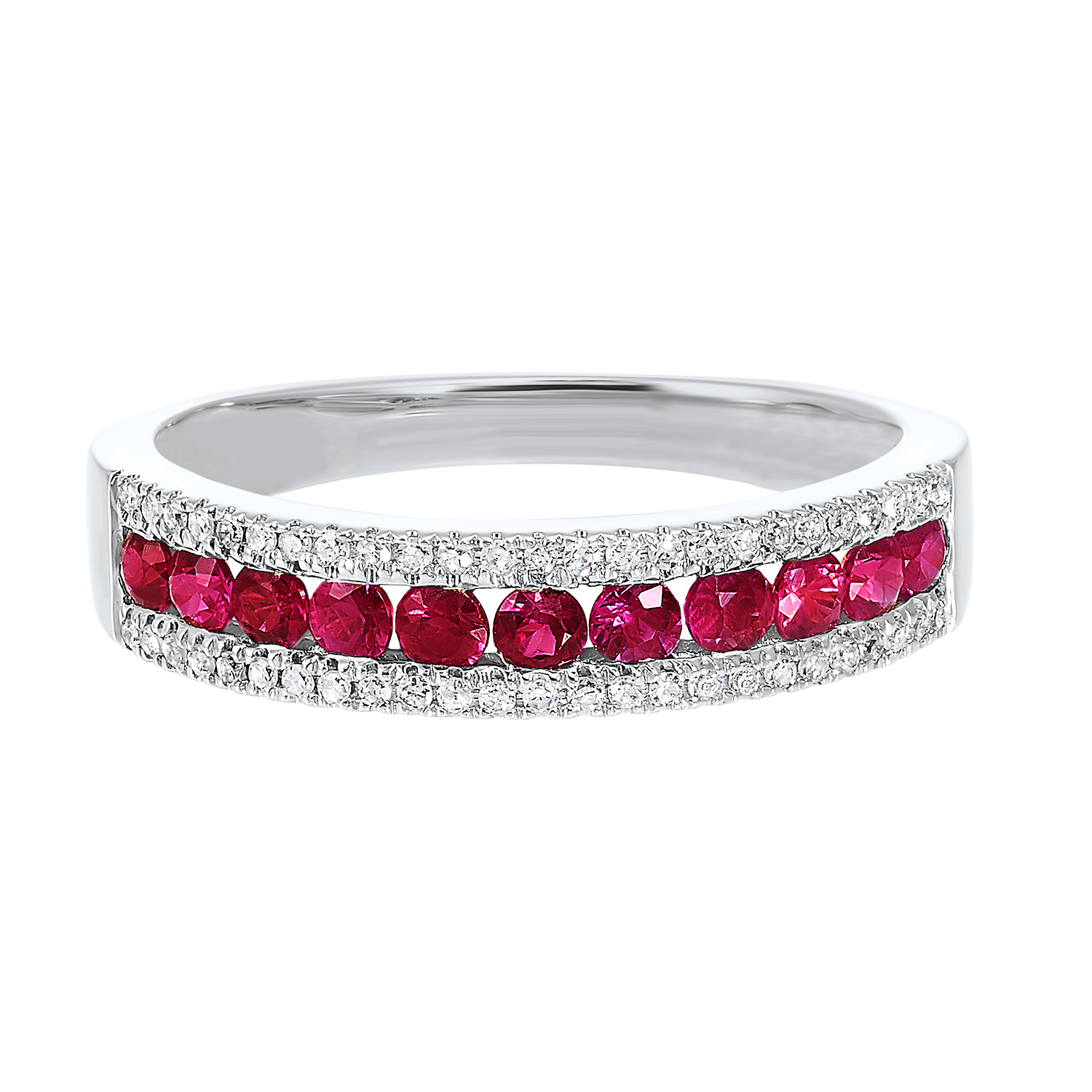 Front View 14K White Gold 3 Row Multi-Channel Diamond & Ruby Band
