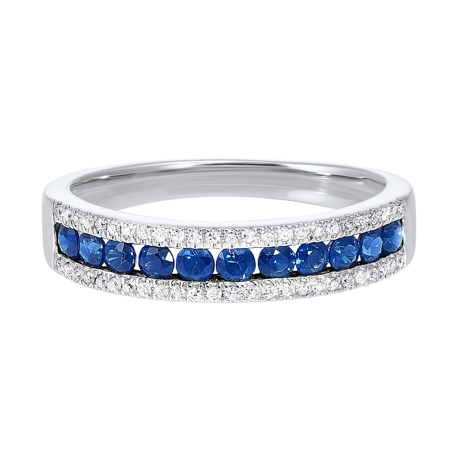 Front View 14K White Gold 3 Row Multi-Channel Diamond & Sapphire Band