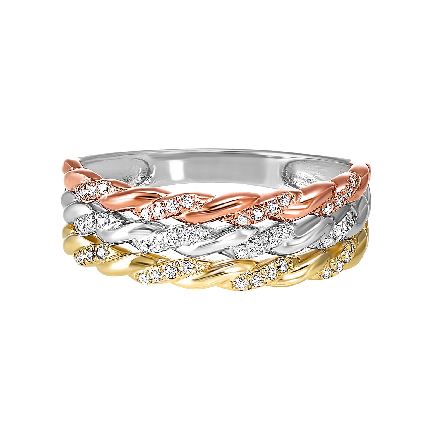 Front View  Diamond Triple Rope Tri-Color Gold Stacked Band