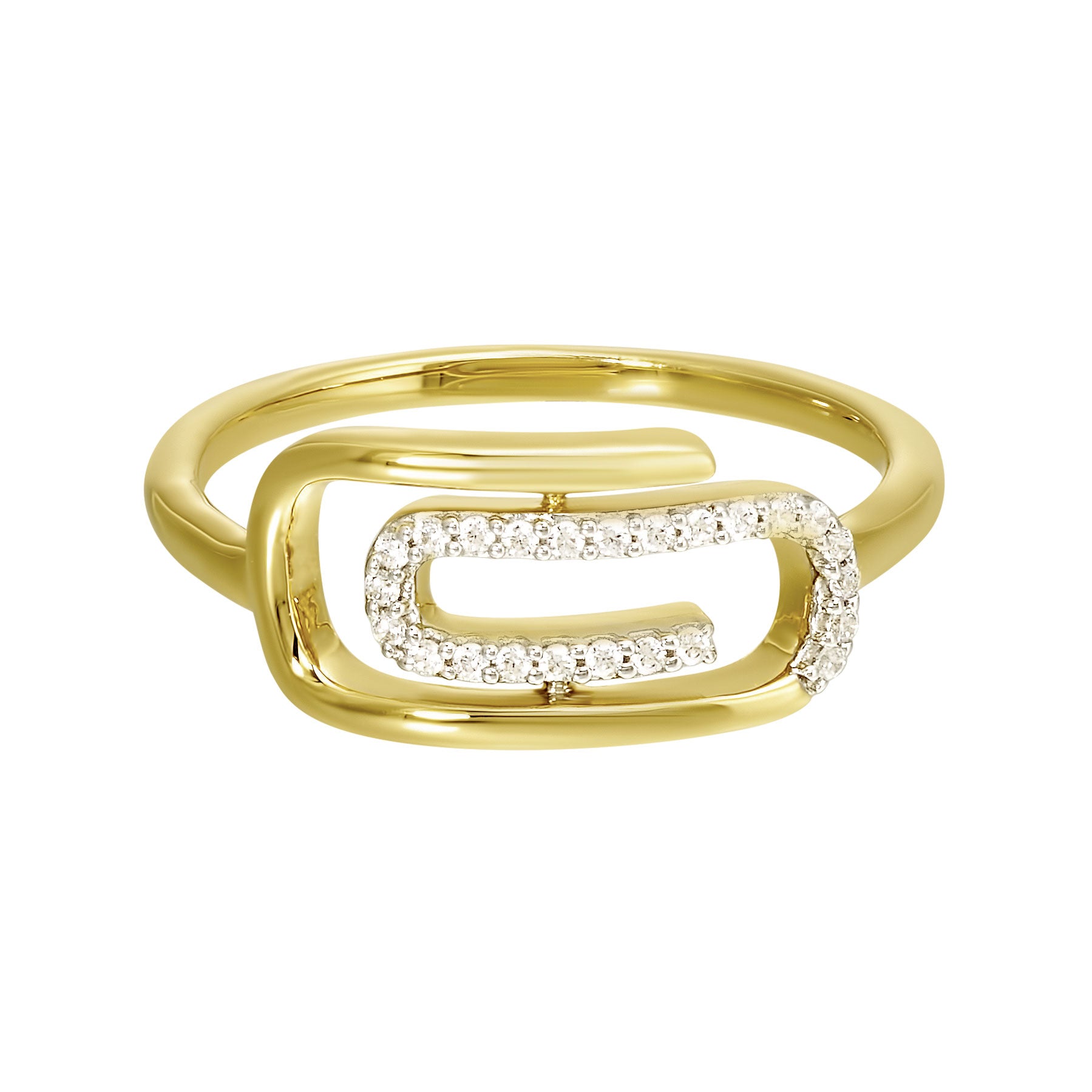 Front View Yellow Gold and Diamond Paperclip Ring
