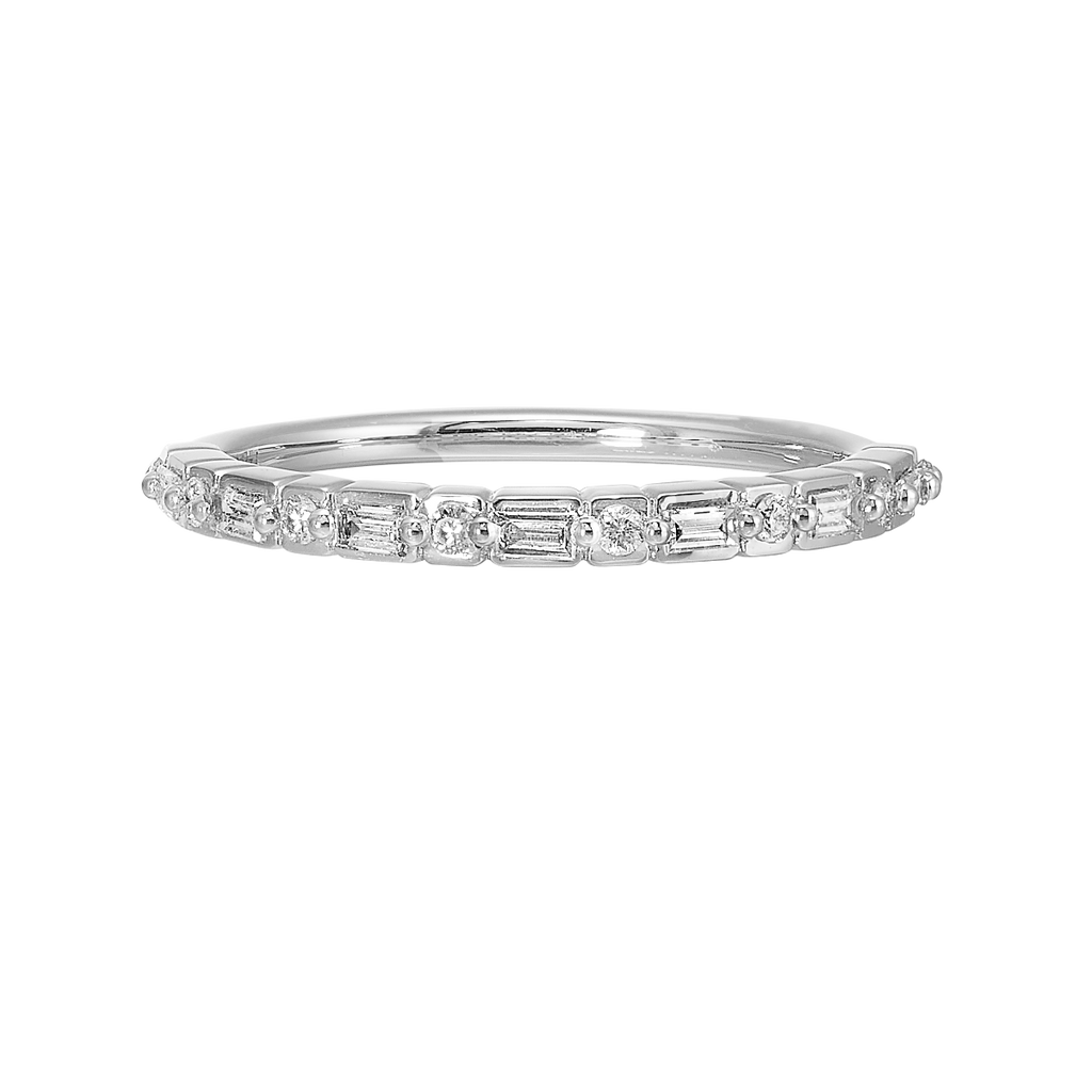 14K White Gold Baguette and Round Diamond Band