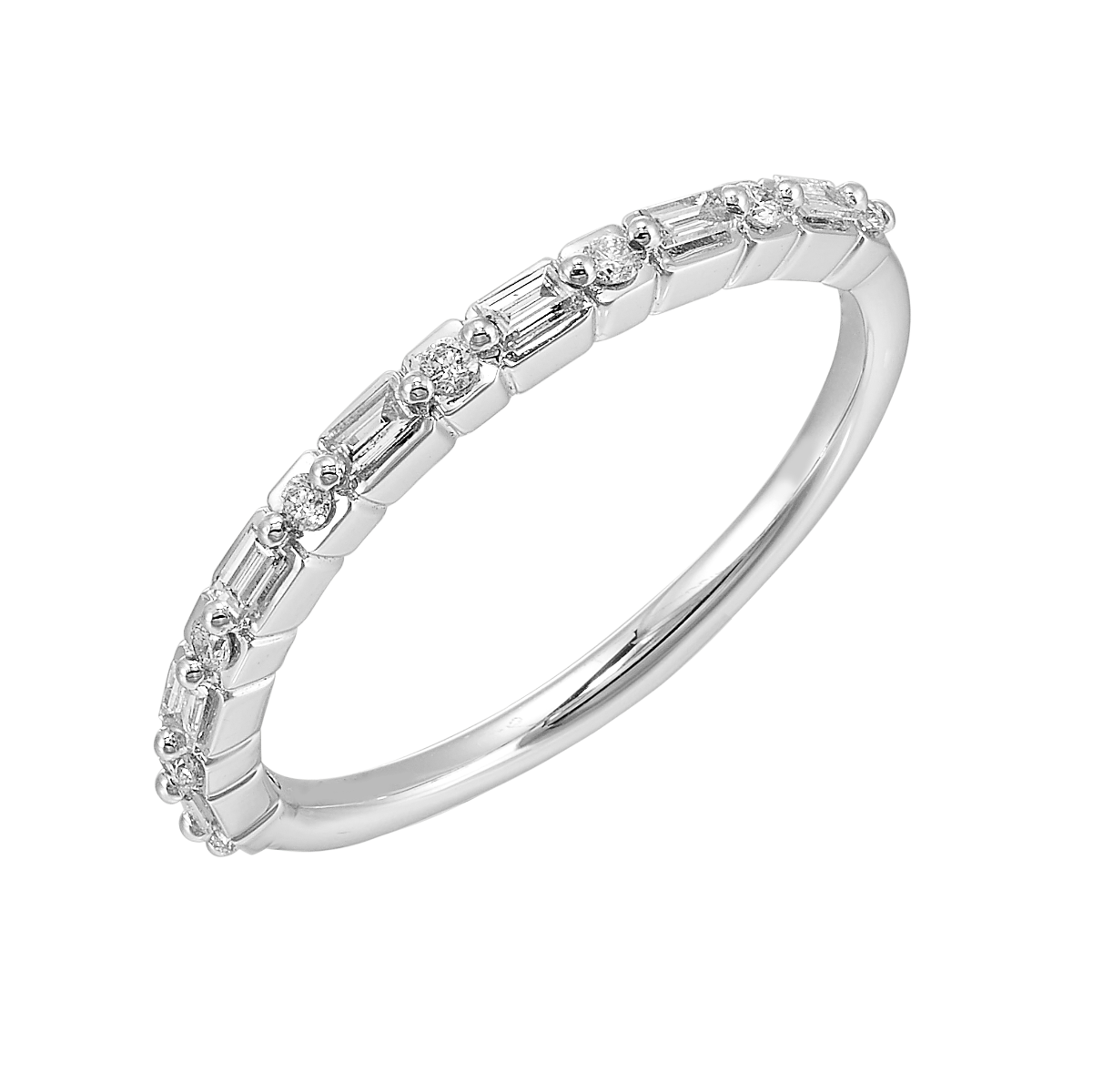 14K White Gold Baguette and Round Diamond Band