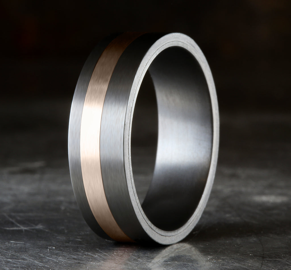 THE HERO 7mm, Darkened Tantalum and 14K Rose Gold, Satin finish with an offset stripe