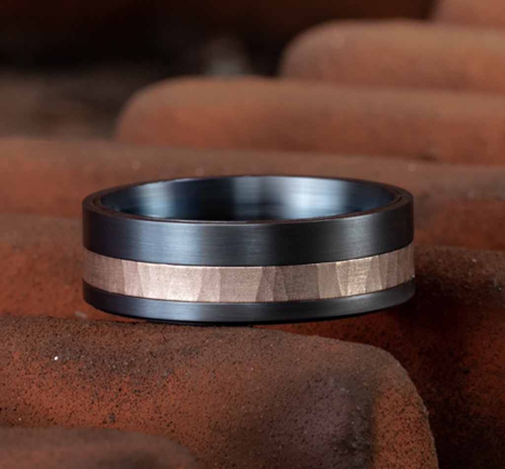 THE STRYKER 7mm, Darkened Tantalum and 14K Rose Gold, Hammer finished offset stripe
