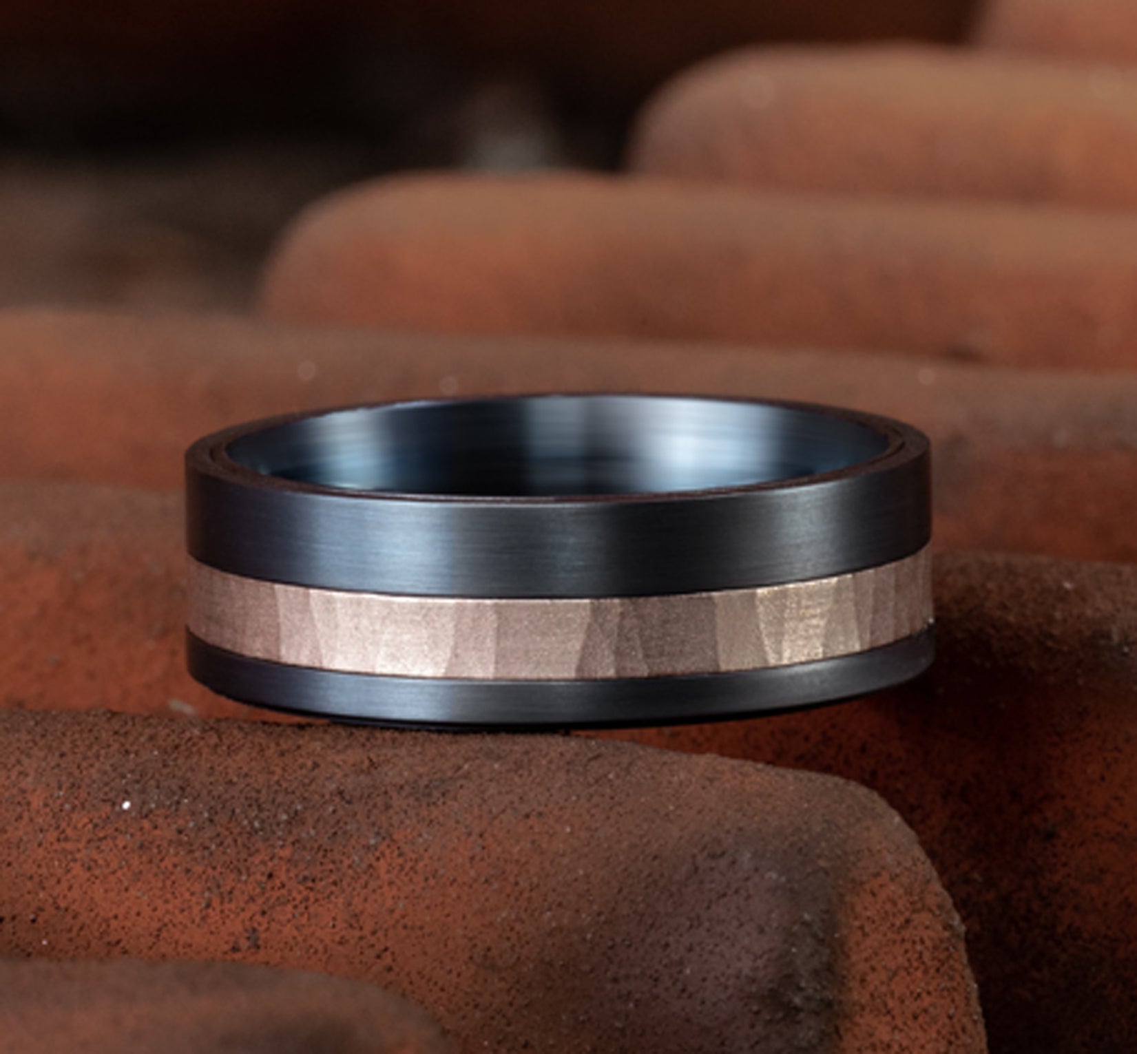 THE STRYKER 7mm, Darkened Tantalum and 14K Rose Gold, Hammer finished offset stripe