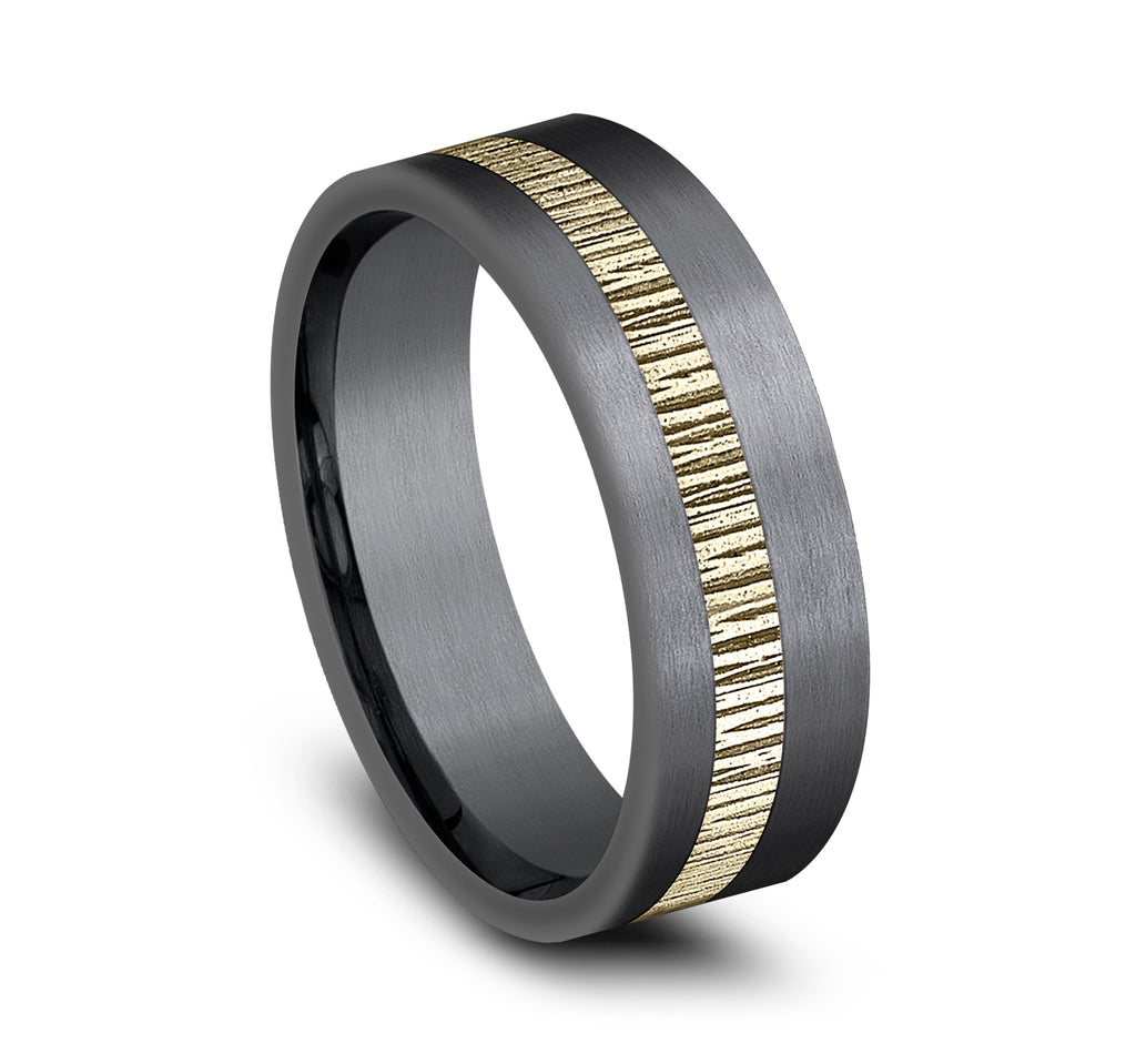 THE PHANTOM 7mm, Comfort fit, Darkened Tantalum and 14K Yellow Gold, Textured offset stripe