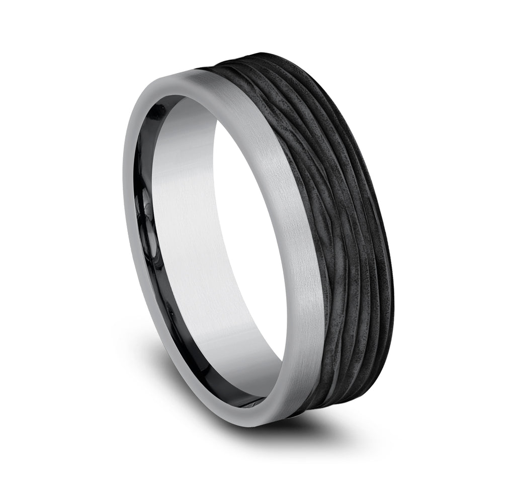 THE HICKORY 7mm, Comfort fit, Grey Tantalum and Black Titanium, Horizontal bark pattern, one satin edge