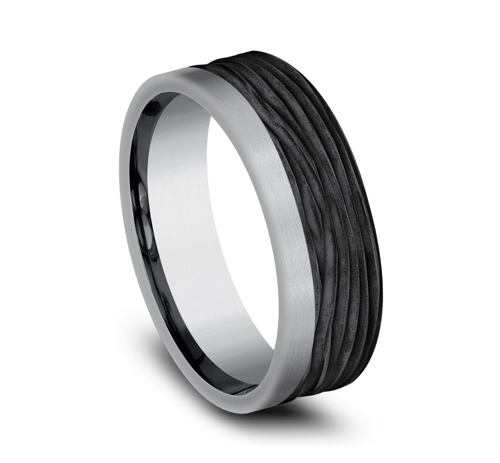 THE HICKORY 7mm, Comfort fit, Grey Tantalum and Black Titanium, Horizontal bark pattern, one satin edge