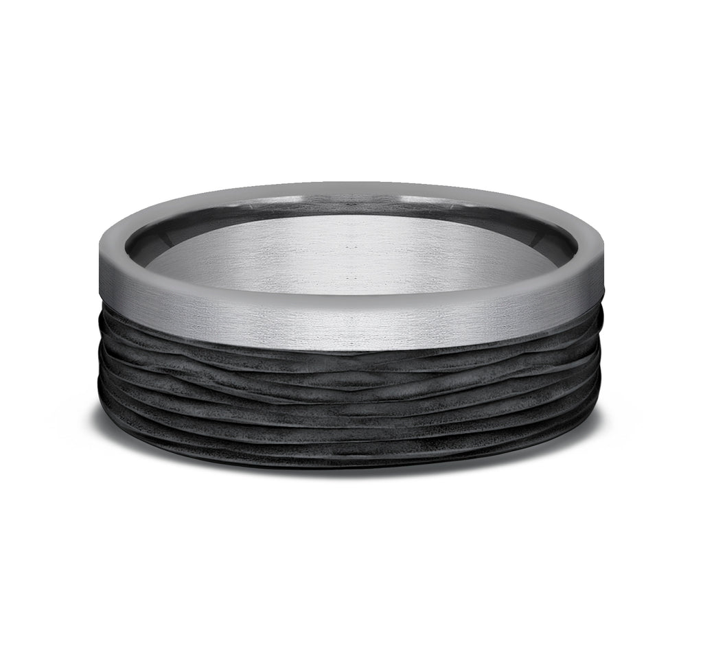 THE HICKORY 7mm, Comfort fit, Grey Tantalum and Black Titanium, Horizontal bark pattern, one satin edge