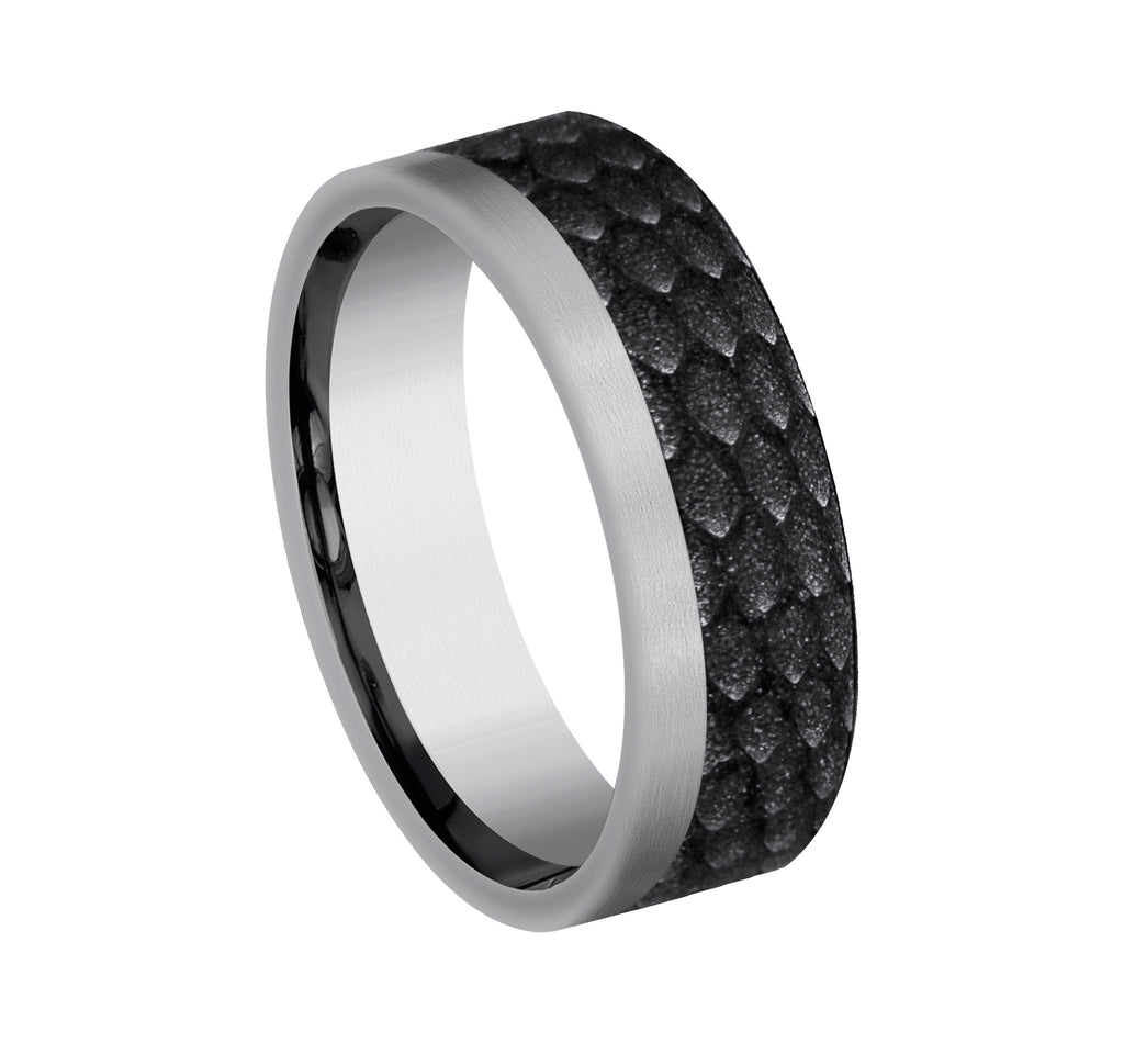 THE TALON 7mm, Comfort fit, Grey Tantalum and Black Titanium, Dragon scale pattern, one satin edge