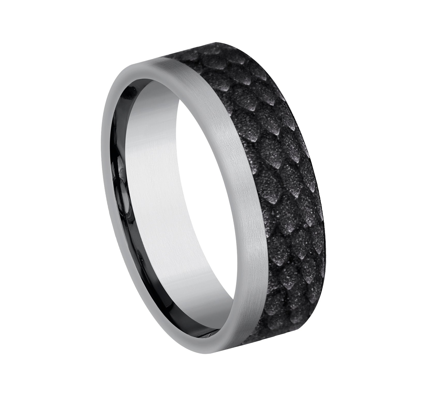 THE TALON 7mm, Comfort fit, Grey Tantalum and Black Titanium, Dragon scale pattern, one satin edge